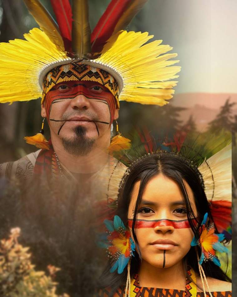 Chief Iskukua Yawanawá and his daughter Yawakanah in traditional headdress